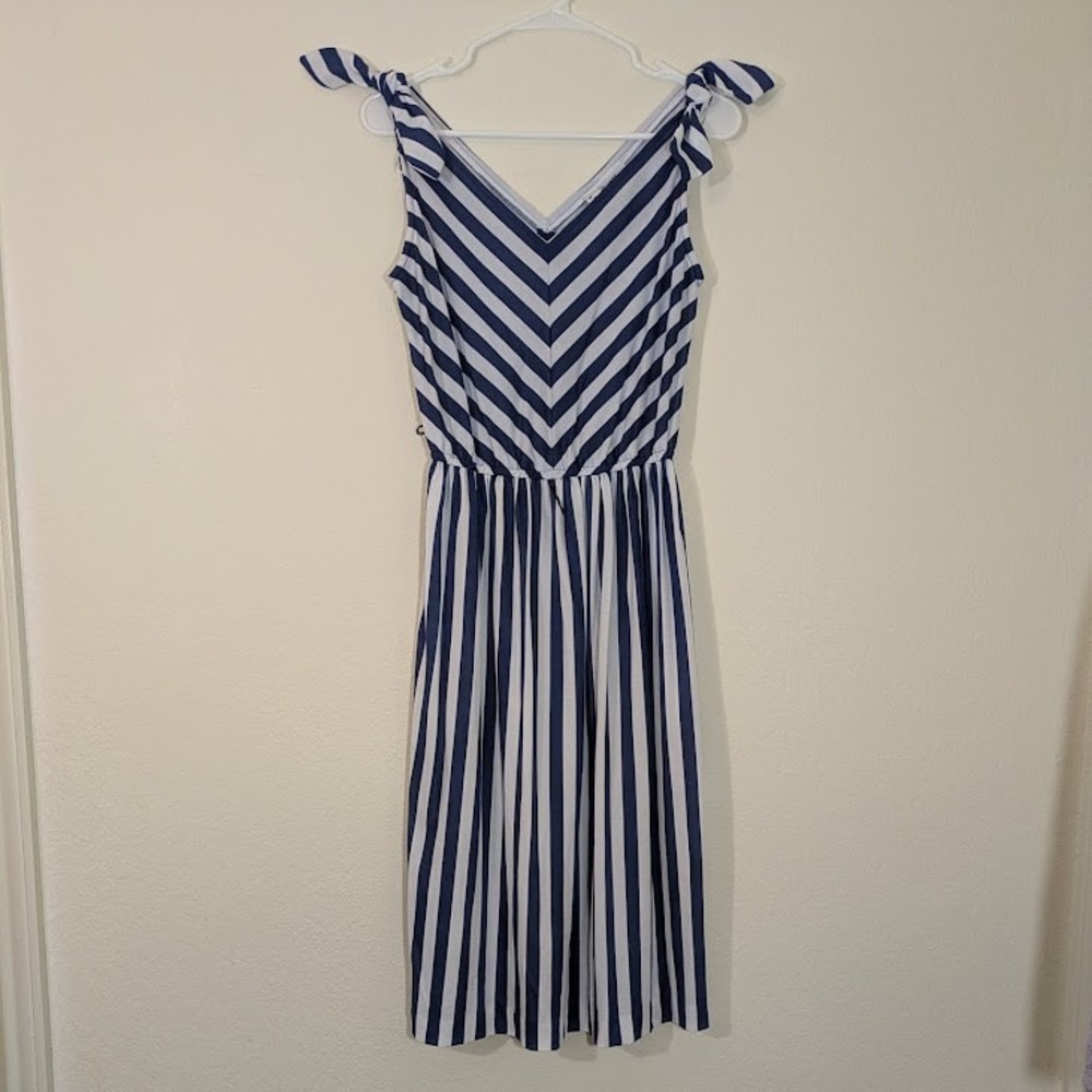VTG Chevron Dress‎ 70s Murray Meisner Navy White Stripe Midi Sundress USA 10